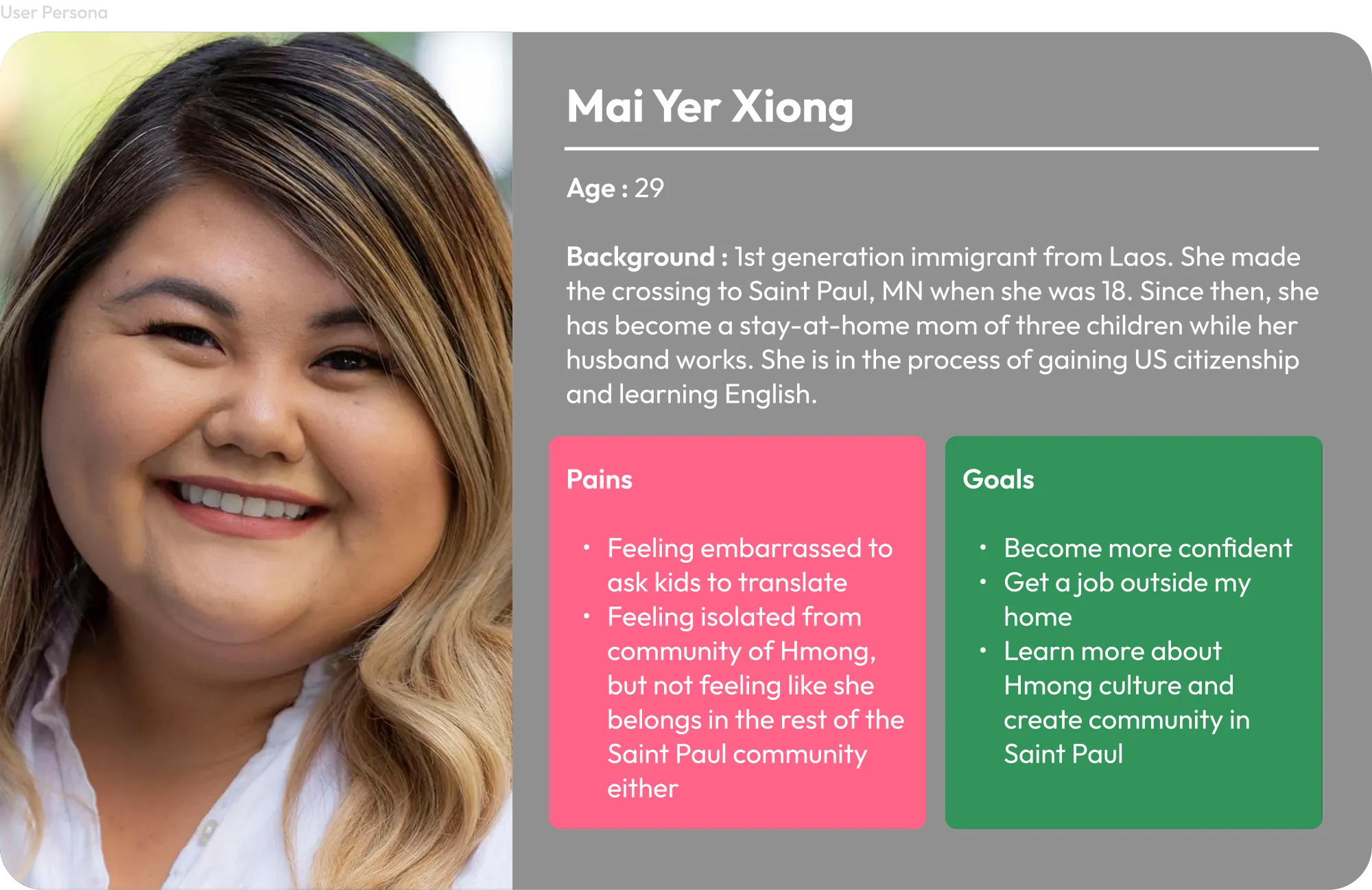 User persona: Mai Yer Xiong