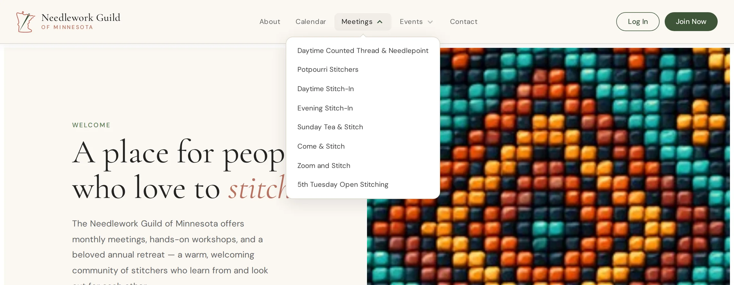 The new desktop menu with the Meetings dropdown open