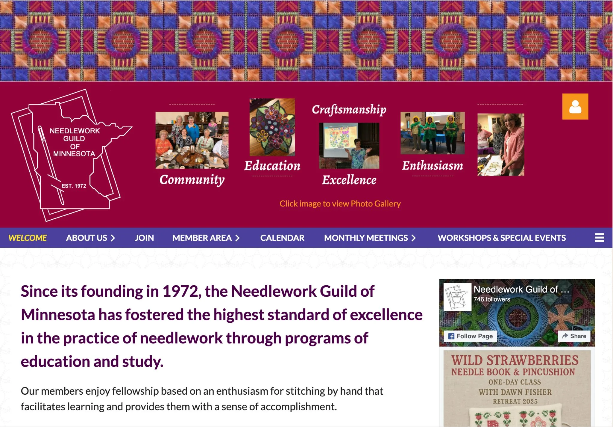 The Guild's previous homepage, with a tapestry banner, photo strip and long menu above the content