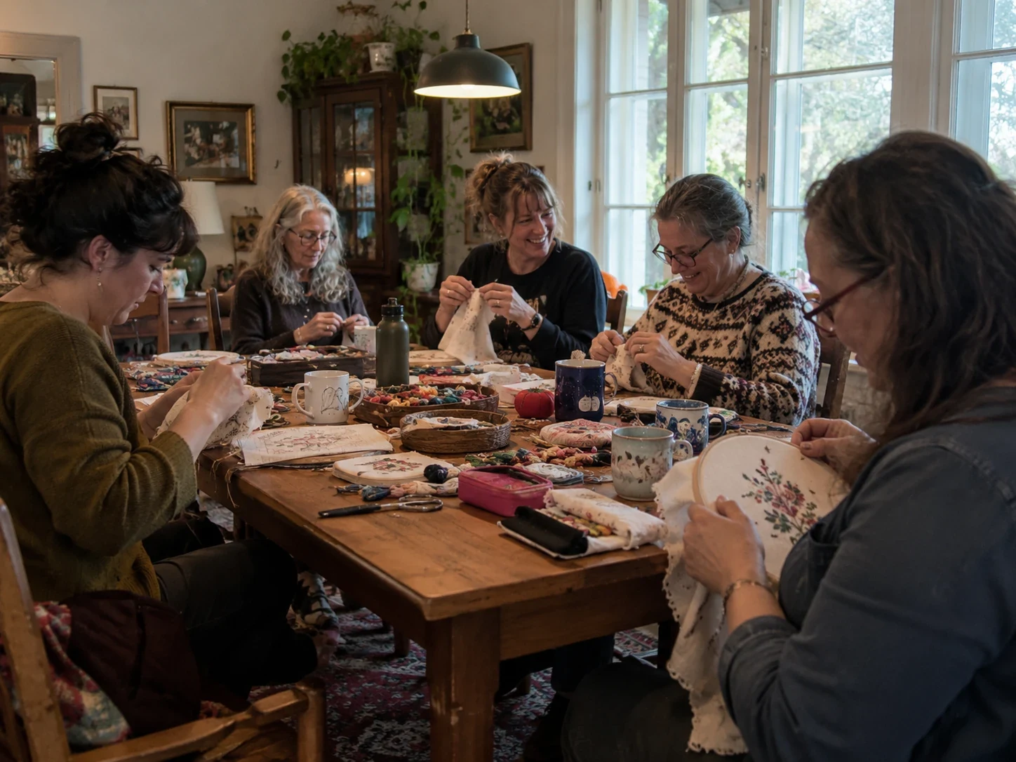 Guild members smiling around a table with their stitching